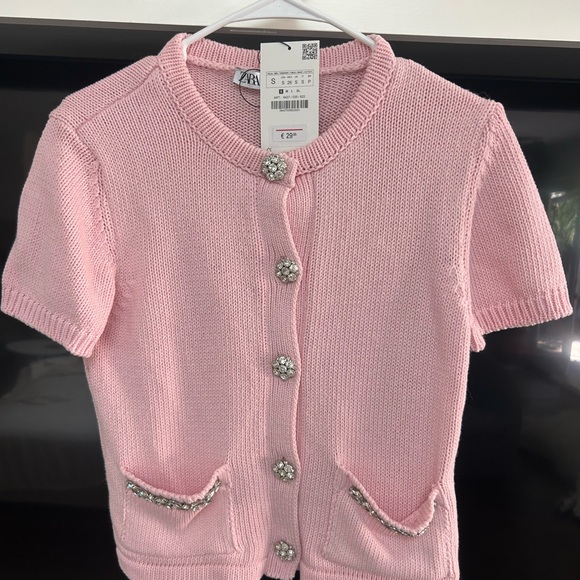 Zara Sweaters - zara. pink knit short sleeve. rhinestone sweater.  NWT SMALL